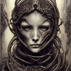 Detailed humanoid illustration with reptilian features and mechanical elements.