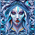 Intricate white tattoos on a woman with blue braided hair in digital art