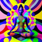 Colorful digital artwork: Woman in meditative pose with psychedelic patterns and radiant circles