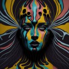 Colorful digital art: stylized woman with intricate patterns & butterfly headdress