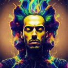 Vibrant digital artwork of a man with curly hair in psychedelic colors on geometric background