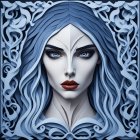 Surreal female face with flowing blue hair and intricate patterns