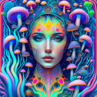 Colorful psychedelic portrait of a woman with neon skin and glowing mushrooms