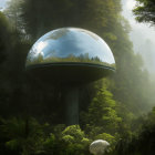 Futuristic spherical structure on pillar in lush forest with piercing light