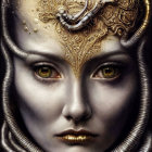 Fantasy figure with golden headgear, yellow eyes, and metallic neck structures.