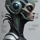 Detailed futuristic female android with helmet and mechanical neck structure.