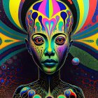 Colorful digital artwork: Woman's face with psychedelic patterns & abstract shapes