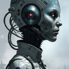 Detailed portrait of sleek black and silver female humanoid robot with intricate mechanical details and red accents.