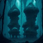 Mysterious underwater city with dark blue hues and algae-covered structures