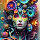 Vibrant digital artwork: Woman's face with floral and psychedelic patterns