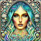 Colorful Digital Art: Woman's Face with Psychedelic Patterns and Elements