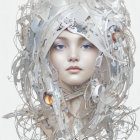 Pale figure entwined in intricate tree roots and branches with flowing white hair