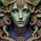 Colorful digital artwork of woman with green eyes and psychedelic elements