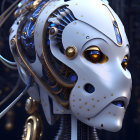 Detailed humanoid robot with golden mechanical parts and red eyes on blue background