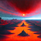 Dramatic landscape with lava river, red sky, setting sun, and jagged peaks