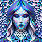 Female digital art portrait with blue and yellow striped patterns on face against purple floral background