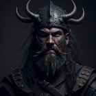 Fantasy warrior with horned helmet, face paint, majestic beard, dark leather armor