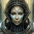 Female figure with cybernetic features in futuristic forest.