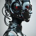 Detailed humanoid robot with circular head feature on grey background