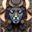 Colorful digital art: Stylized face with intricate patterns and mandala motifs in blue, gold