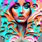 Colorful Digital Art: Woman with Blue Skin and Psychedelic Patterns