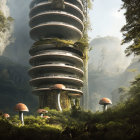 Futuristic multi-tiered building in lush forest with cliffs and mushroom-like structures