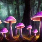 Enchanting forest with oversized purple mushrooms in misty ambiance