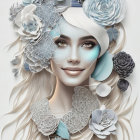 Detailed artwork: Woman's face with paper flowers in white, blue, and gold, adorned with golden