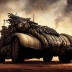 Armored vehicle with spikes in desolate sandy landscape