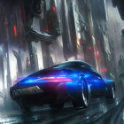 Futuristic hovercar in industrial landscape with glowing lights