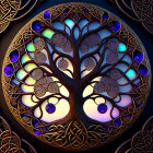 Circular Celtic Tree Artwork with Jewel-Toned Accents