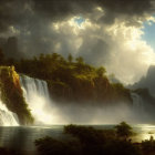 Tranquil landscape with waterfall, lake, and lush foliage