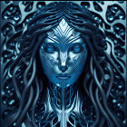 Female android digital artwork: intricate blue and silver mechanical details, floating gears.