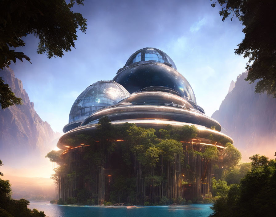 Futuristic multi-tiered structure with glass domes in forest setting