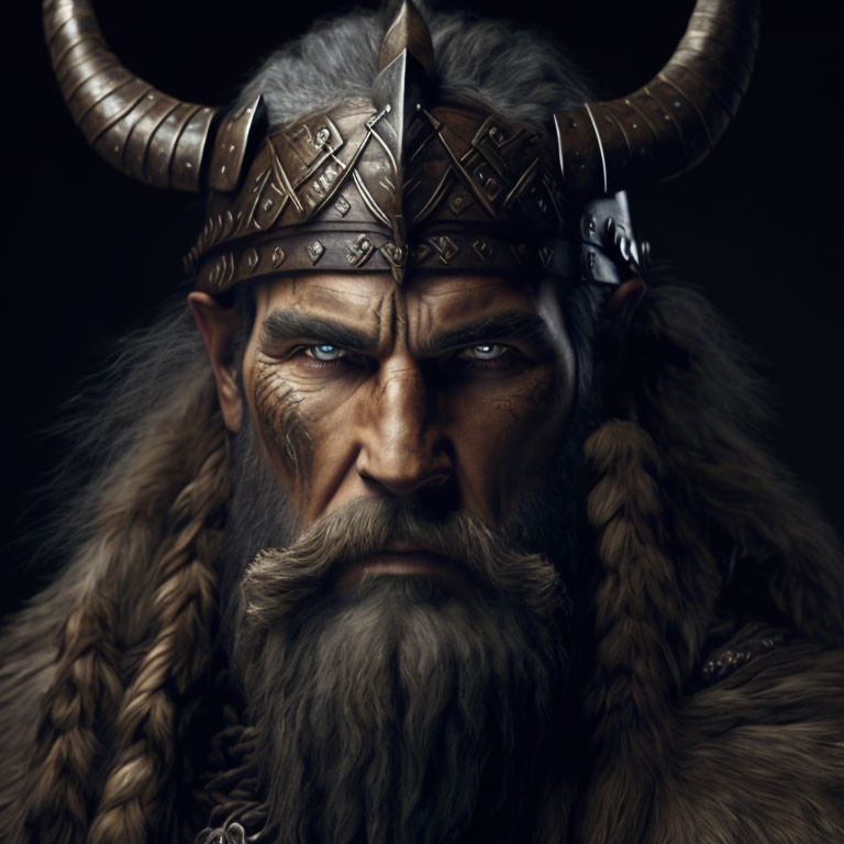 Warrior with Horned Helmet, Blue Eyes, Beard & Armor