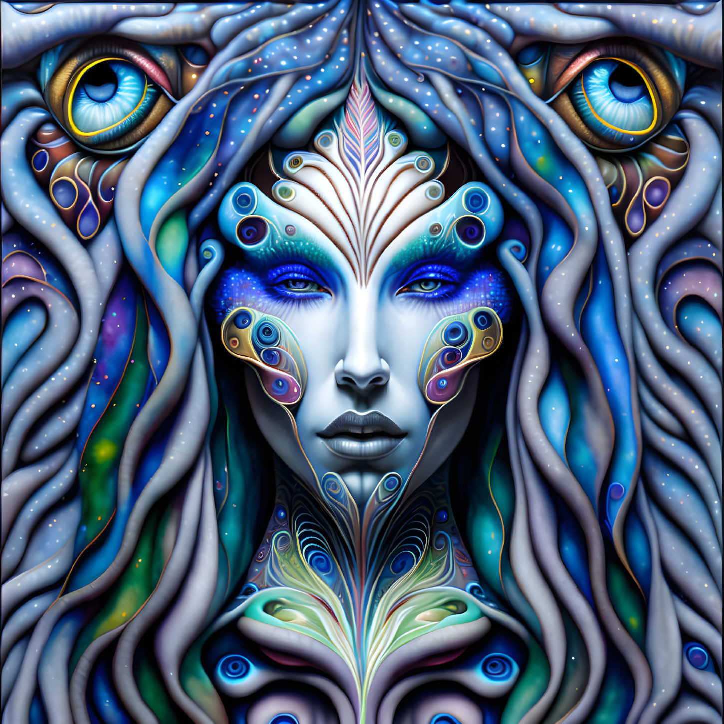 Blue-skinned humanoid face with tentacle and peacock feather patterns and vibrant eyes.