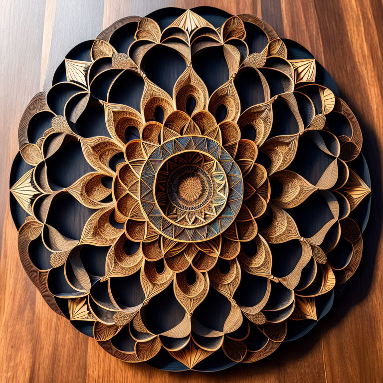 Intricate Wooden Sculpture with Petal Patterns and Geometric Designs