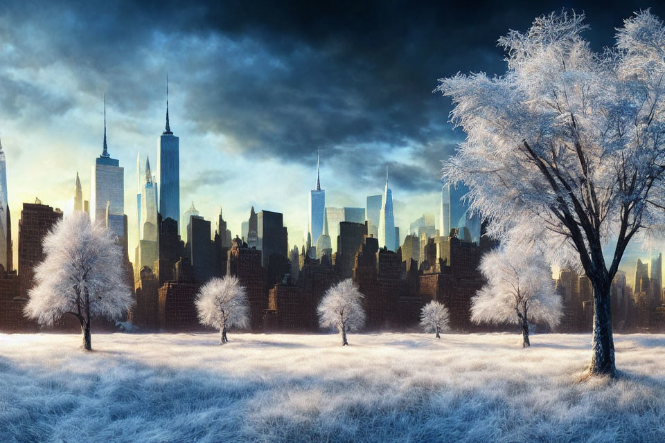 Winter Park Scene with Frost-Covered Trees and City Skyline