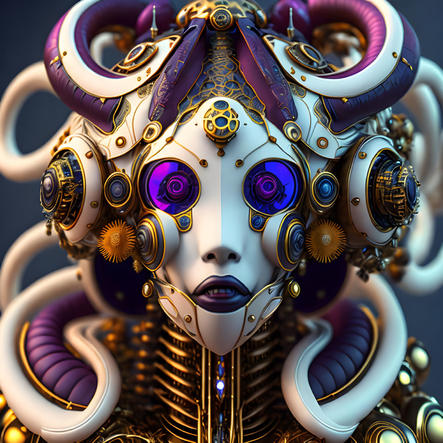 Detailed 3D rendering of futuristic being with mechanical ornate head, golden gears, purple accents,