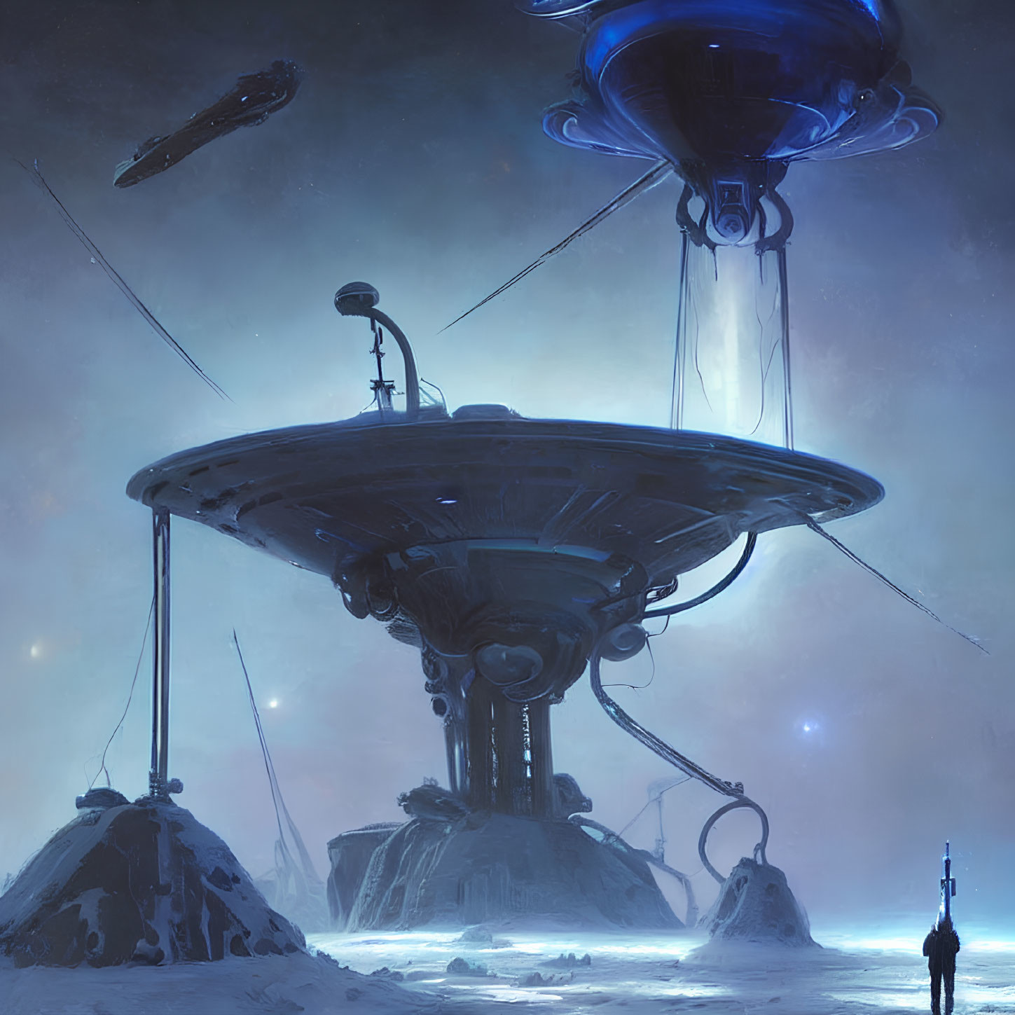 Solitary figure in sci-fi landscape with towering structures