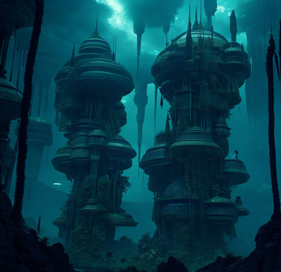 Mysterious underwater city with dark blue hues and algae-covered structures