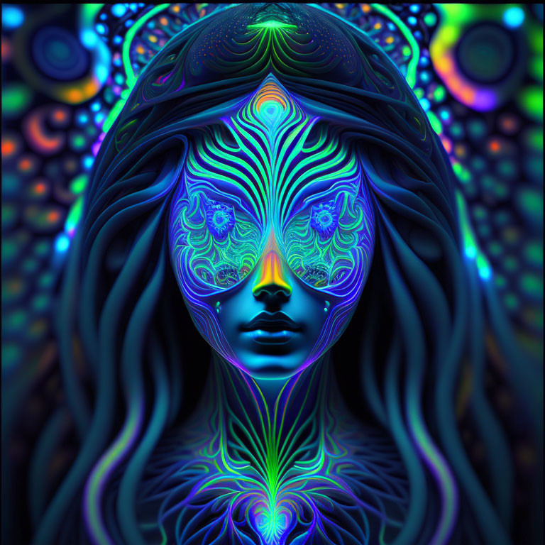 Colorful digital art portrait of female figure with neon patterns on dark background