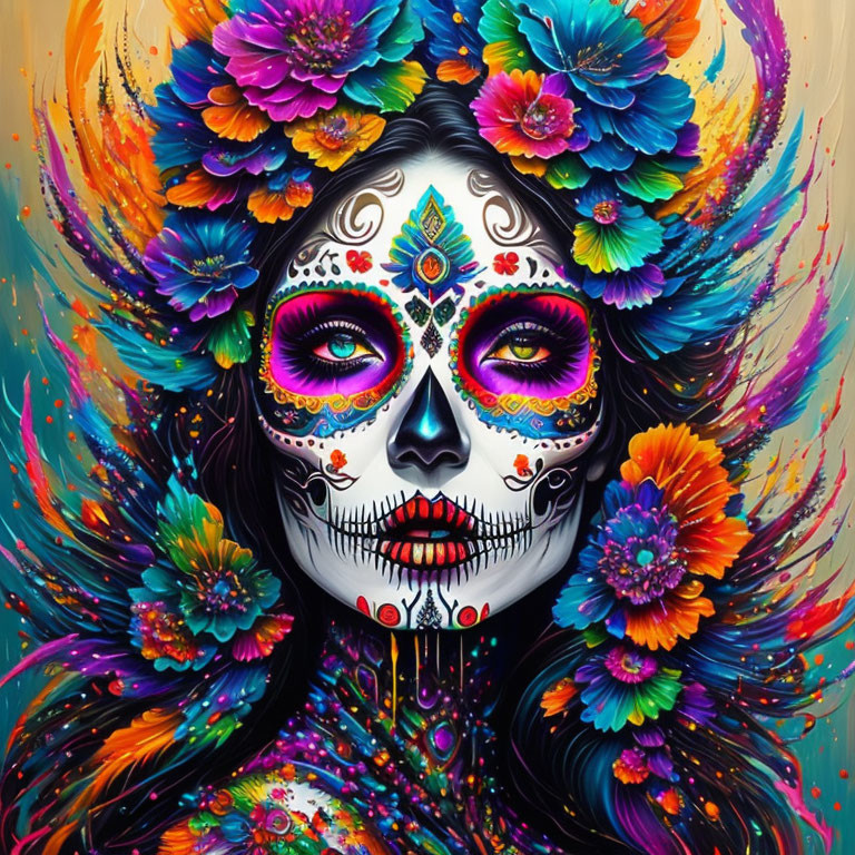 Vibrant Dia de los Muertos sugar skull makeup on woman with floral patterns