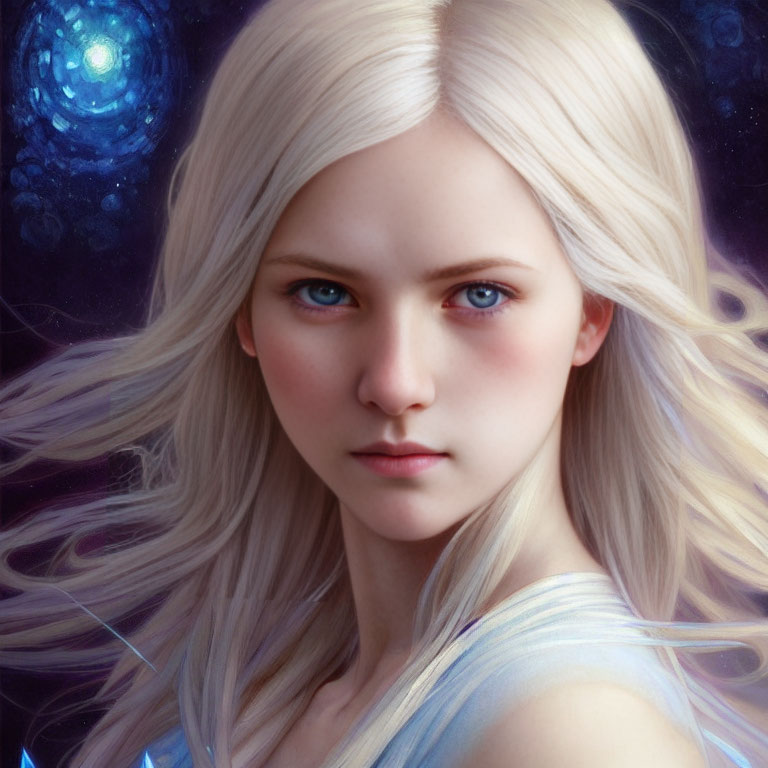 Digital portrait of woman with pale skin, icy blue eyes, and long white hair against cosmic backdrop.