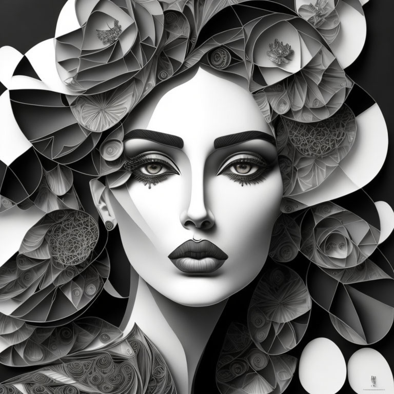 Monochromatic stylized portrait of a woman with floral patterns and abstract elements in her hair.