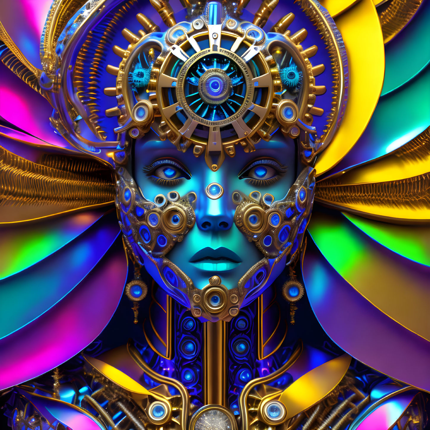 Futuristic digital art: Female figure with mechanical and gold features