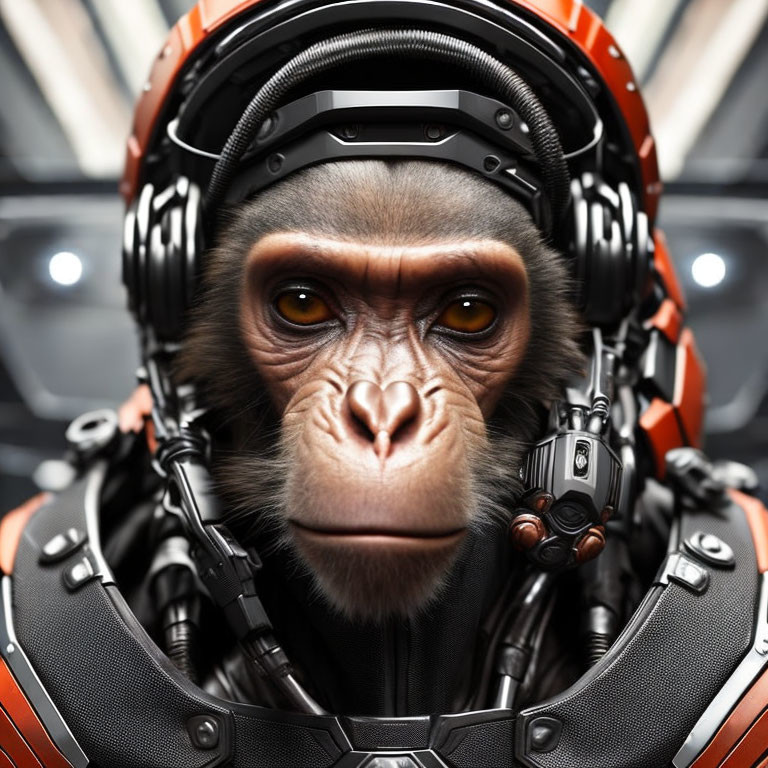 Realistic chimpanzee in astronaut suit with helmet and headset in spacecraft interior