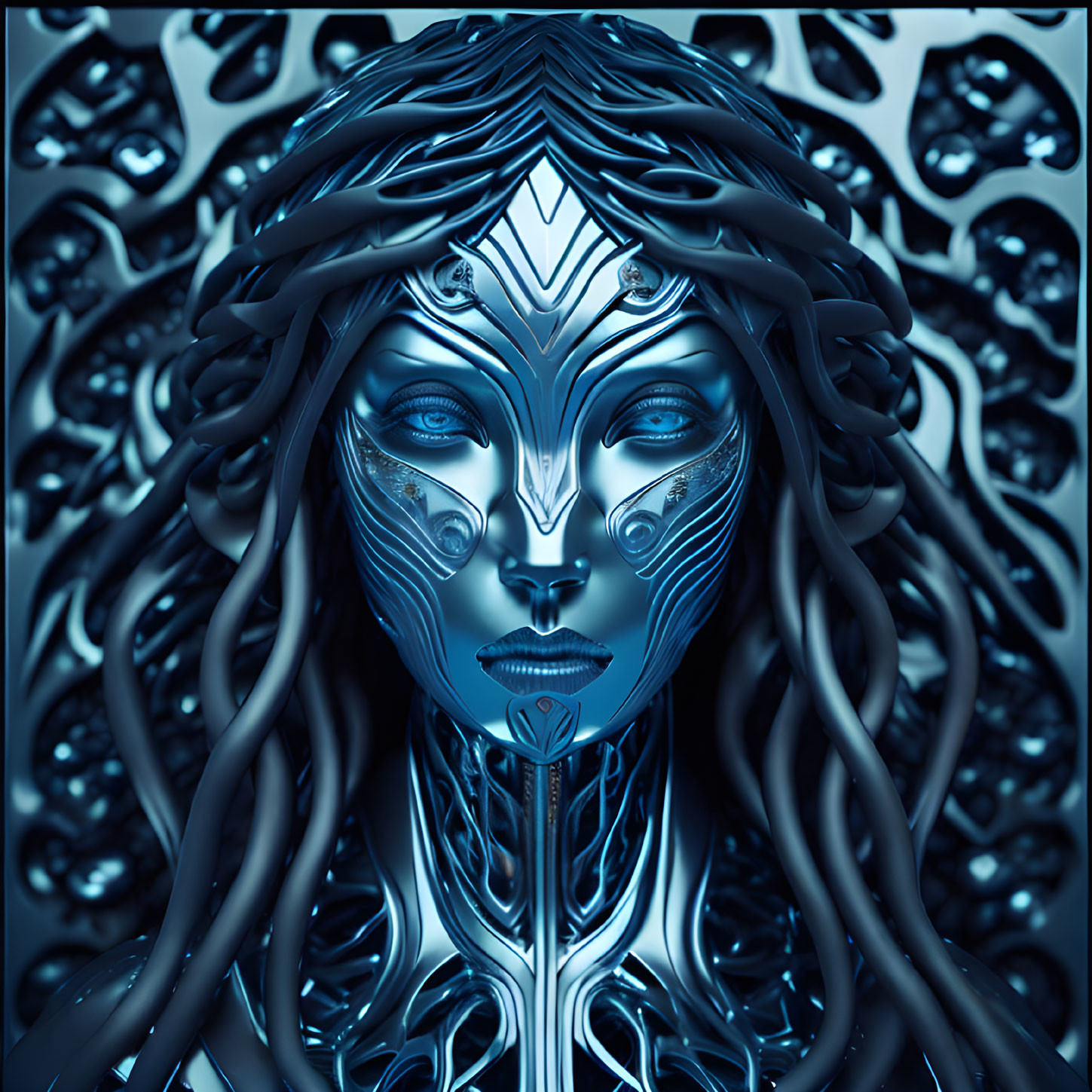 Blue-toned futuristic female figure with metallic patterns against geometric backdrop