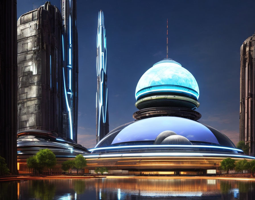 Futuristic twilight cityscape with sleek skyscrapers and glowing dome structure