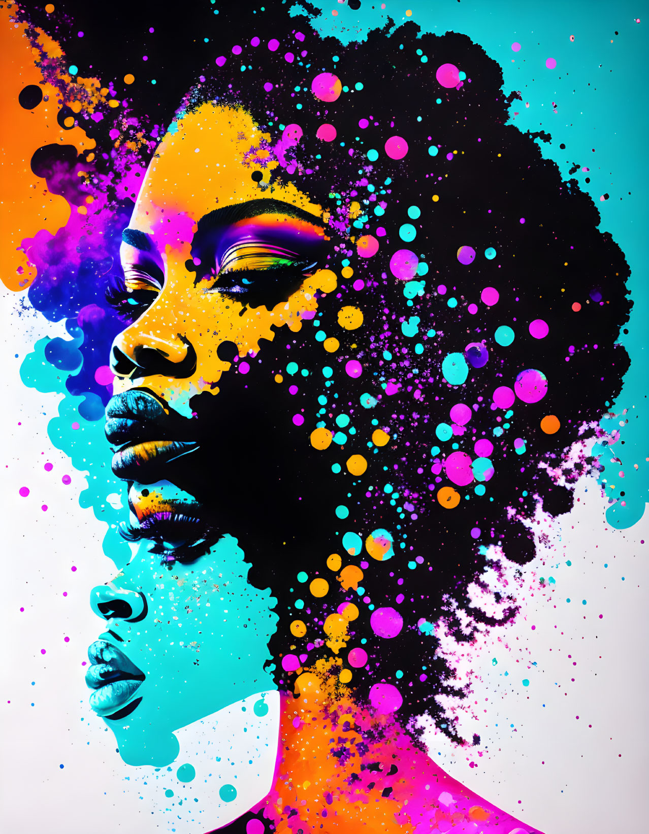 Colorful Woman's Profile Artwork with Paint Splash Hair in Blues, Pinks, and Purp